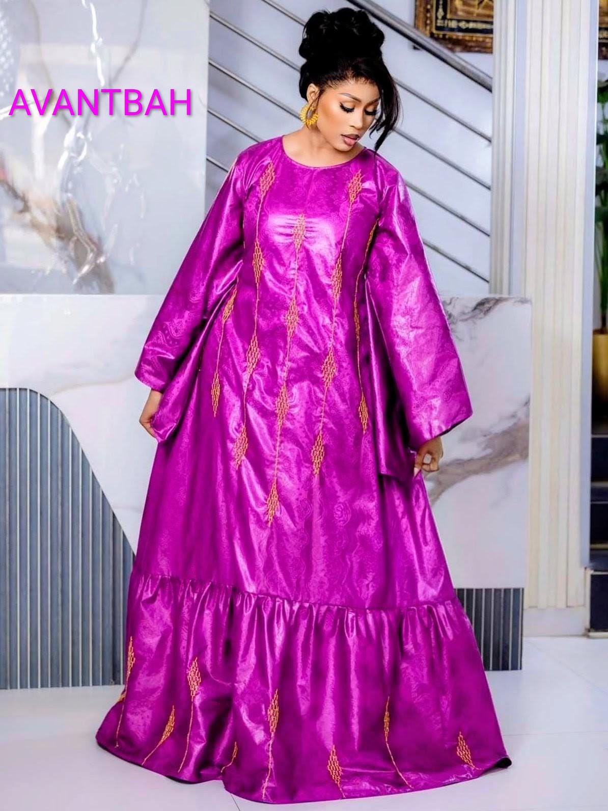 African Bazin Riche Abaya Dress | Elegant Embroidered Grand Bubu, Head Scarf In Pink