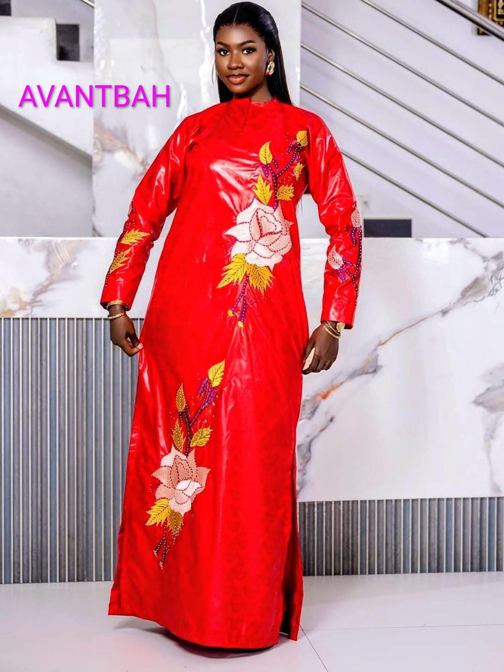 African Bazin Riche Abaya Dress | Elegant Embroidered Grand Bubu, Head Scarf In Red