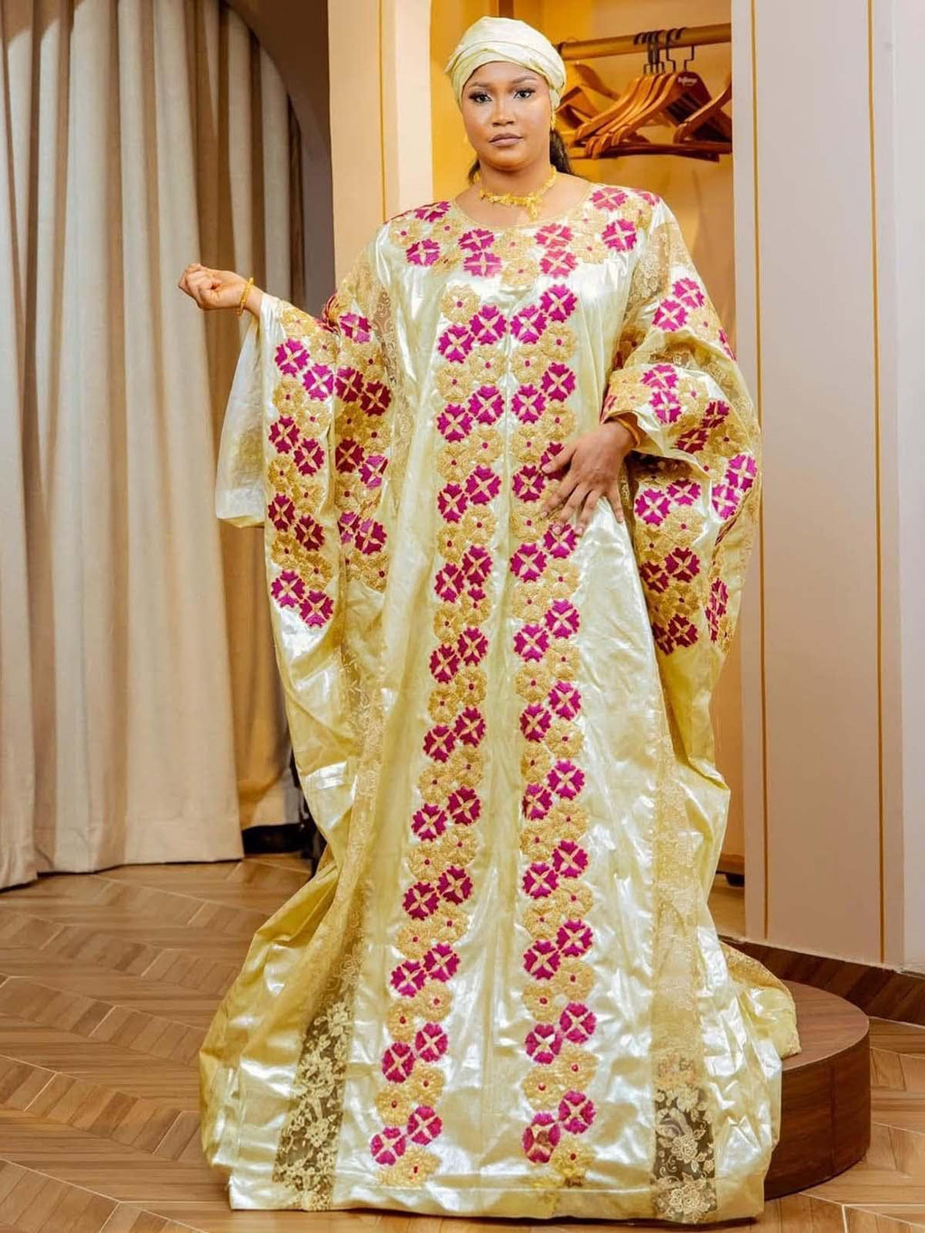 Women's Bazin Riche Abaya | Elegant Gold Embroidery Bubu Dress for Parties, Weddings