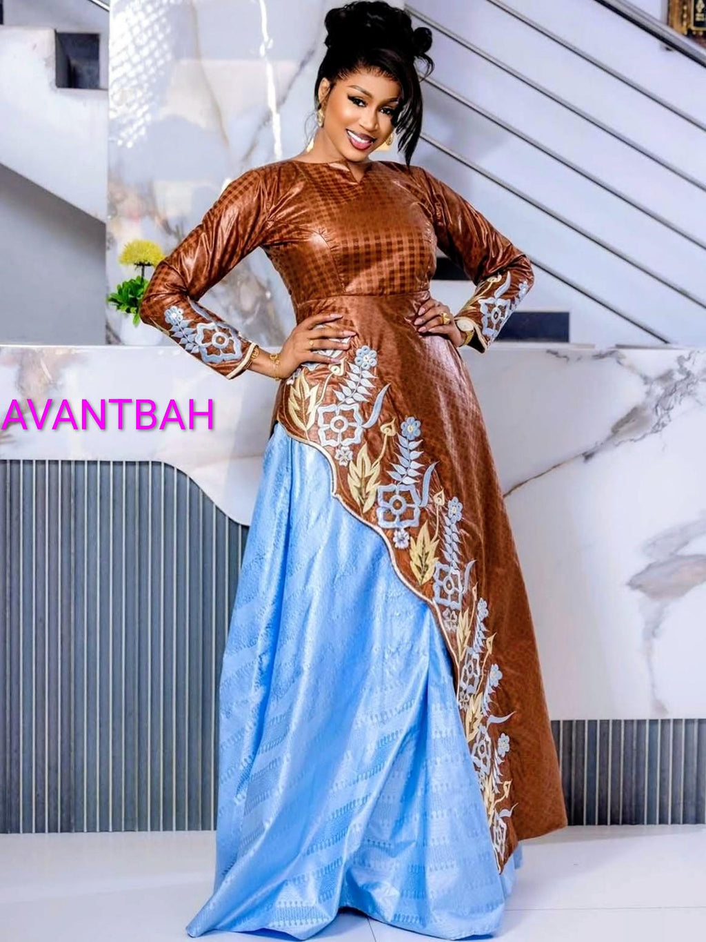African Bazin Riche Abaya Dress | Elegant Embroidered Grand Bubu, Head Scarf In Brown/Blue