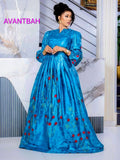 African Bazin Riche Abaya Dress | Elegant Embroidered Grand Bubu, Head Scarf In Blue