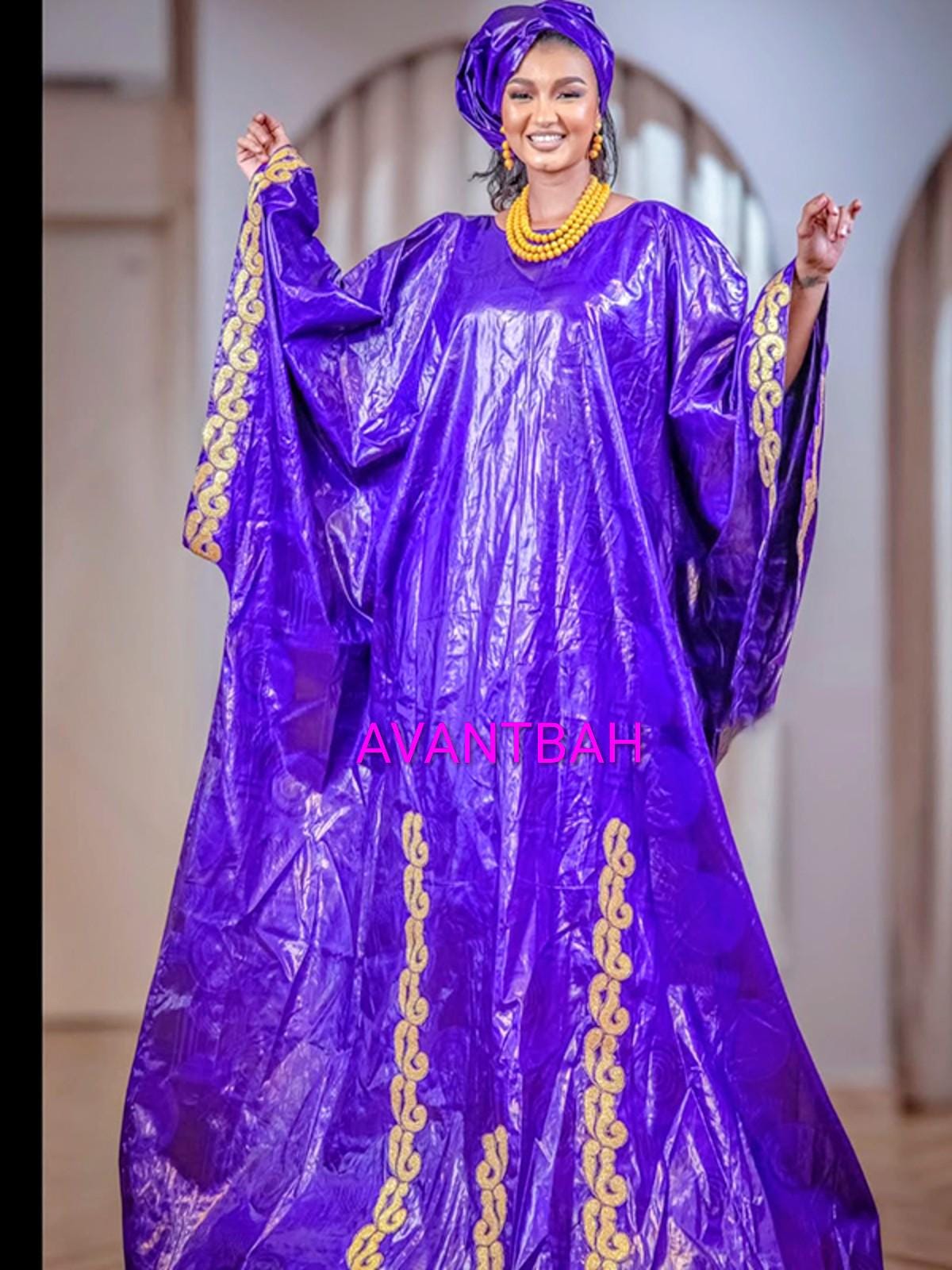 Women's Bazin Riche Abaya | Elegant Purple Embroidered Bubu Dress