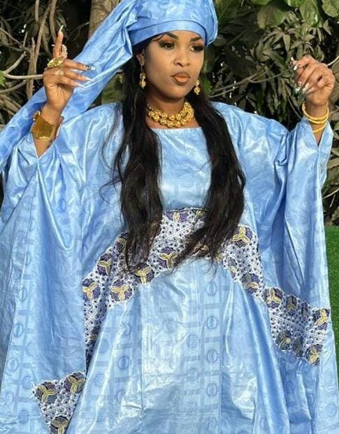 African Bazin Riche Clothing For Women/ Abaya Dress | Sky Blue Embroidery Plus Size Bubu