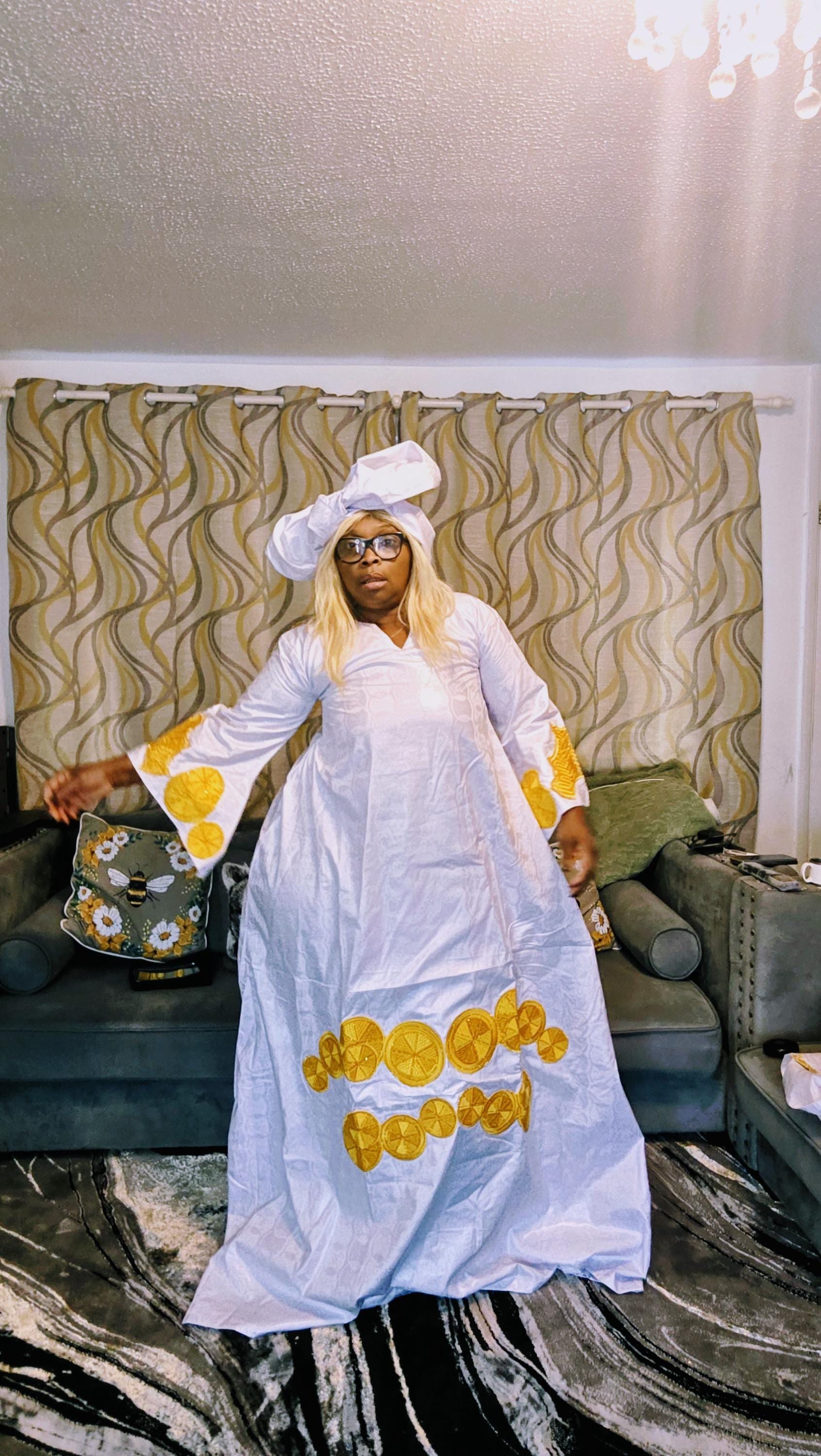 African Women Bazin Riche Abaya Dress | Elegant Embroidered Grand Bubu, Head Scarf