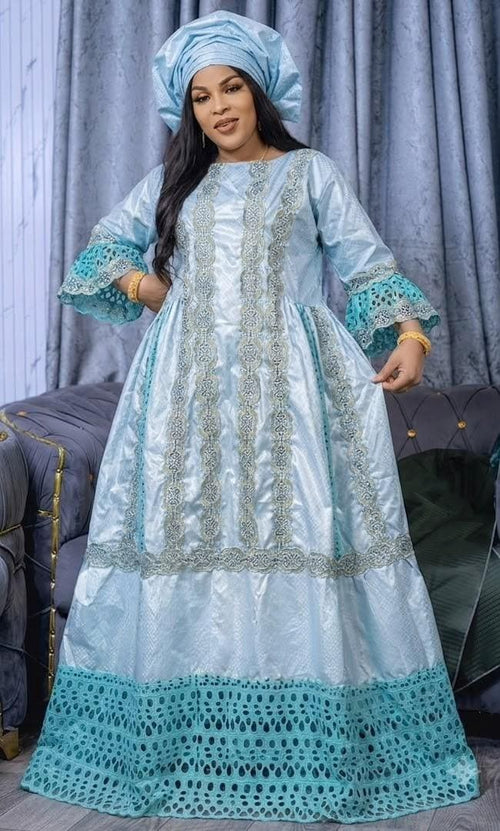 African Bazin Riche Lace Abaya Dress | Elegant Embroidered Grand Bubu with Blue Head Scarf