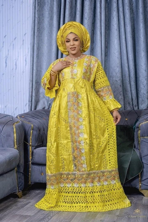 African Bazin Riche Lace Mix Abaya Dress | Elegant Embroidered Grand Bubu with Yellow Head Scarf