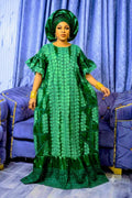 Robe Abaya Mélangée en Dentelle Bazin Riche Africaine | Grande Bubu Brodé Élégant, Foulard Vert