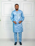 Men's Getzner Bazin Riche 2-Piece Set | Embroidered Long Sleeve Gown & Trousers in Blue
