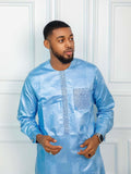 Men's Getzner Bazin Riche 2-Piece Set: Traditional African Embroidery, Long Sleeve Gown andbTrouser