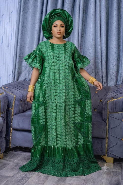 African Bazin Riche Lace Mix Abaya Dress | Elegant Embroidered Grand Bubu with Green Head Scarf