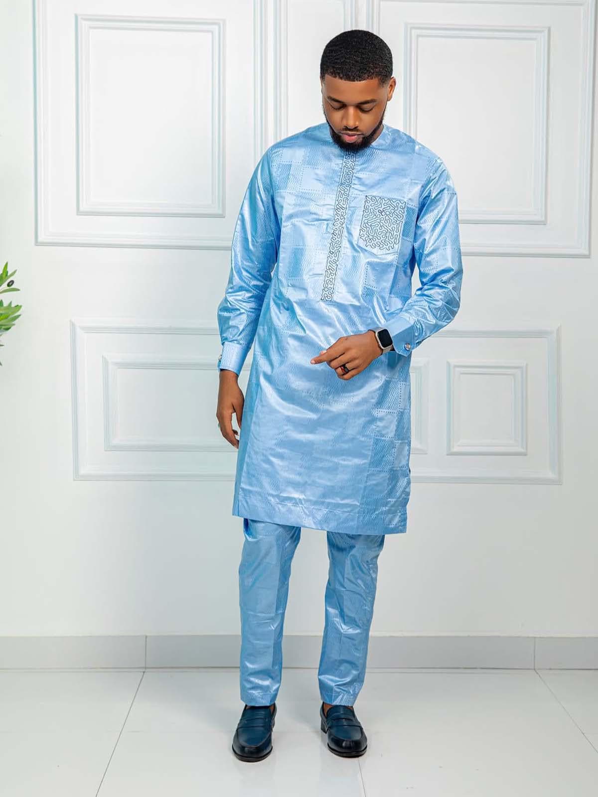 Men's Getzner Bazin Riche 2-Piece Set: Traditional African Embroidery, Long Sleeve Gown andbTrouser