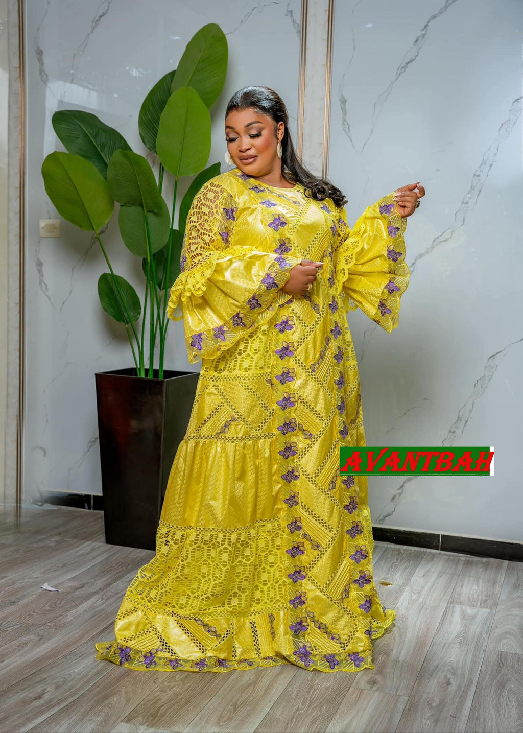 African Bazin Riche Lace Mix Abaya Dress | Elegant Embroidered Grand Bubu, Yellow Head Scarf