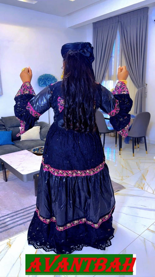 African Bazin Riche Lace Mix Abaya Dress | Embroidered Grand Bubu with Head Scarf – Blue