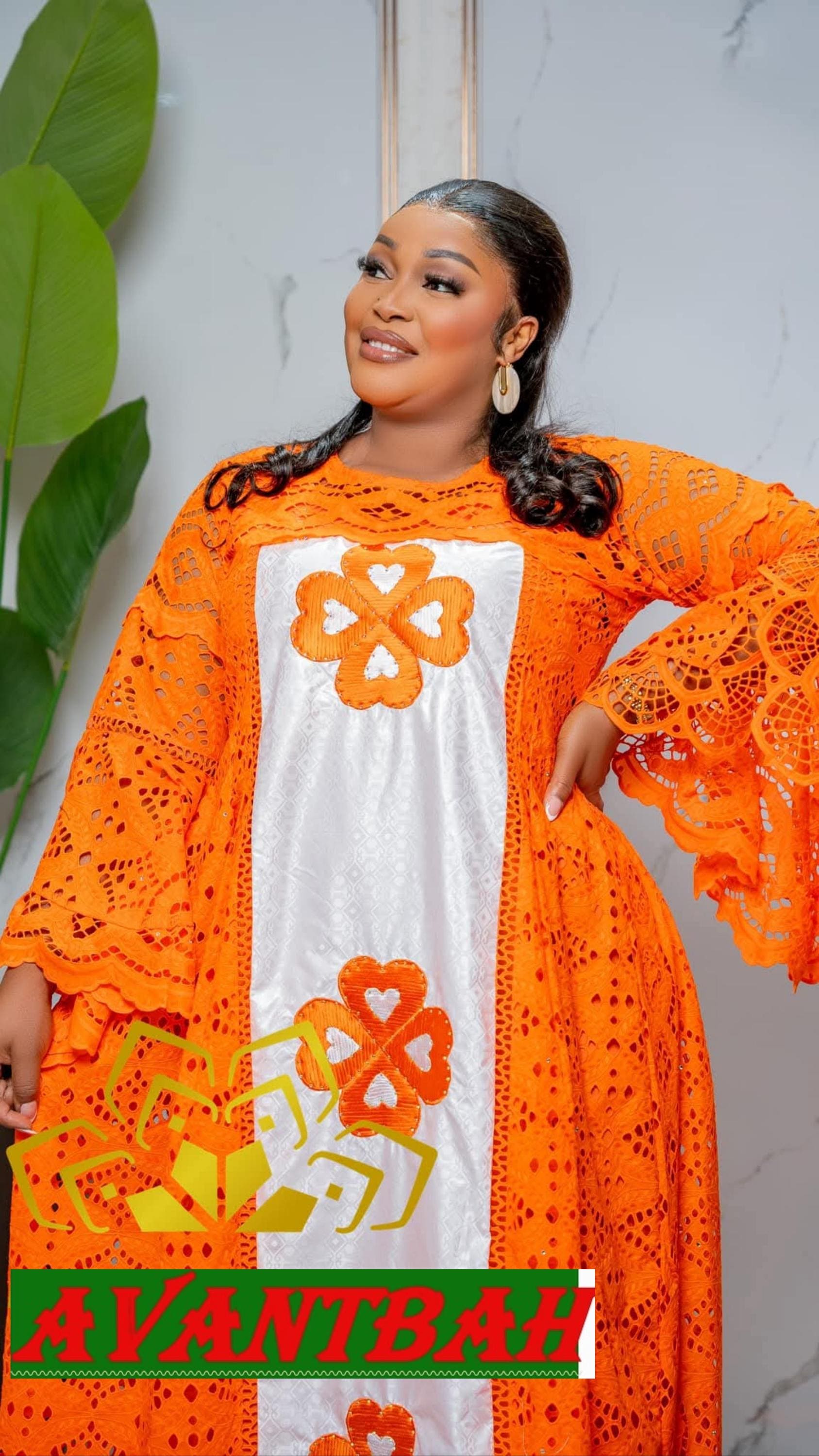 African Bazin Riche Lace Abaya Dress | Embroidered Grand Bubu, Orange Head Scarf