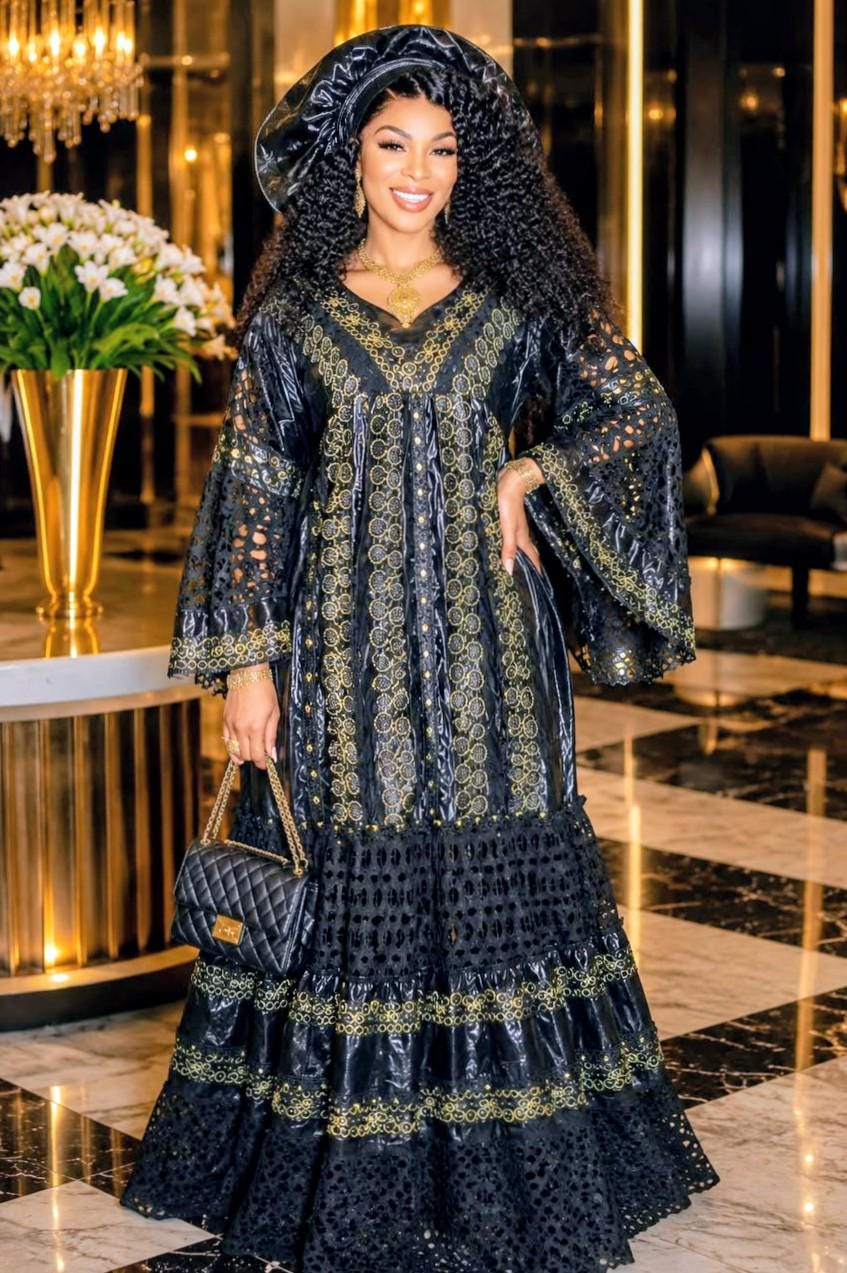 African Bazin Riche Lace Mix Abaya Dress | Elegant Embroidered Grand Bubu, Black Head Scarf
