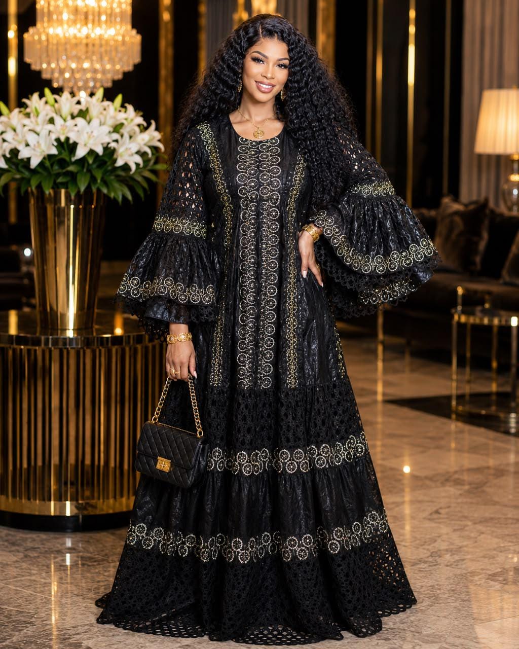 African Bazin Riche Lace Mix Abaya Dress | Elegant Embroidered Grand Bubu, Black Head Scarf
