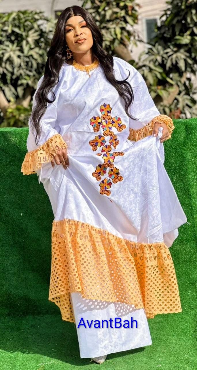 Ensemble de vêtements traditionnels pour femmes, robe en voile et dentelle | Bazin Riche, écharpe pour mariages/fêtes