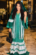 Women's Embroidered Bazin Riche Lace Mix Grand Bubu Abaya | Green with Head Scarf