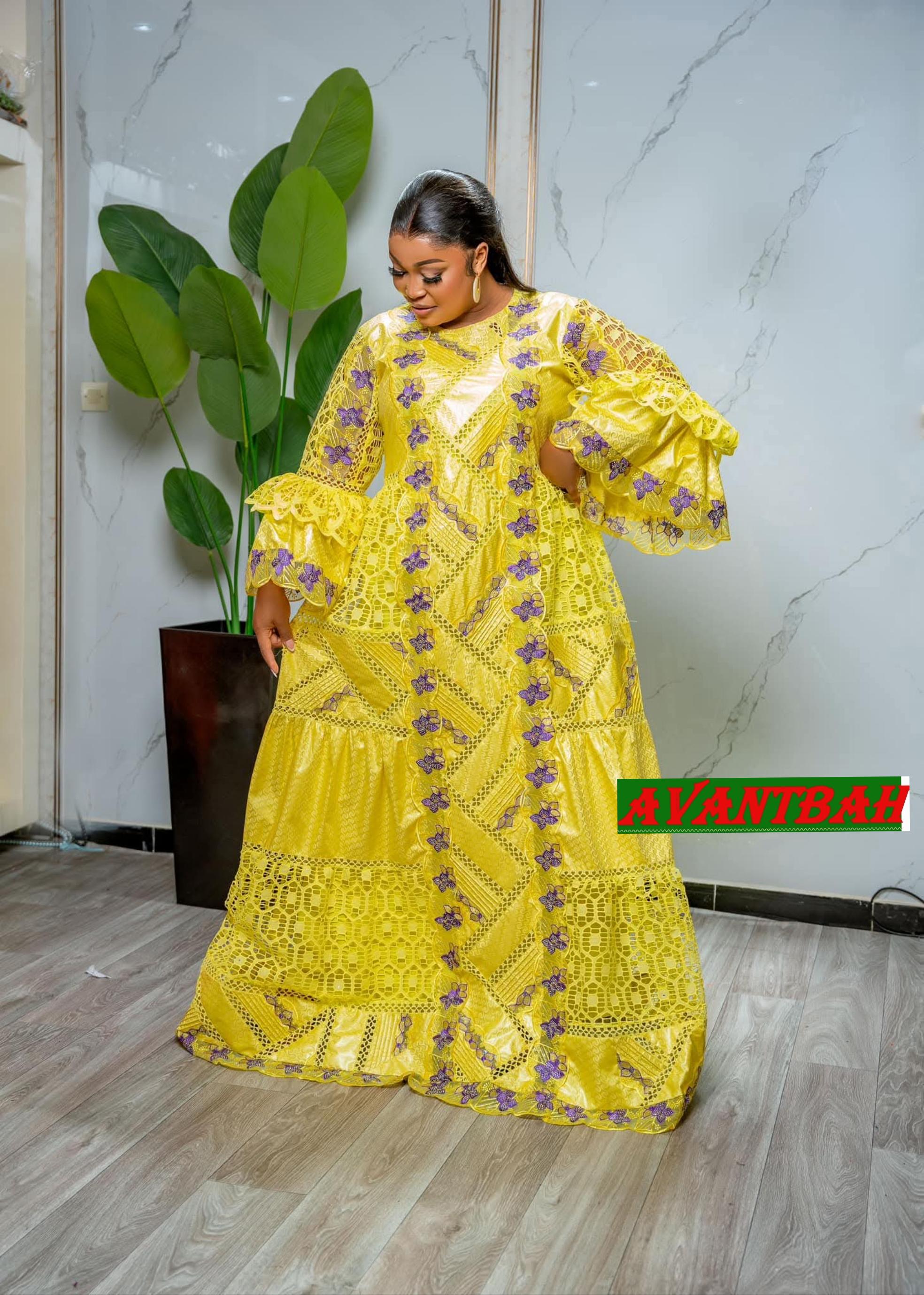African Bazin Riche Lace Mix Abaya Dress | Elegant Embroidered Grand Bubu, Yellow Head Scarf