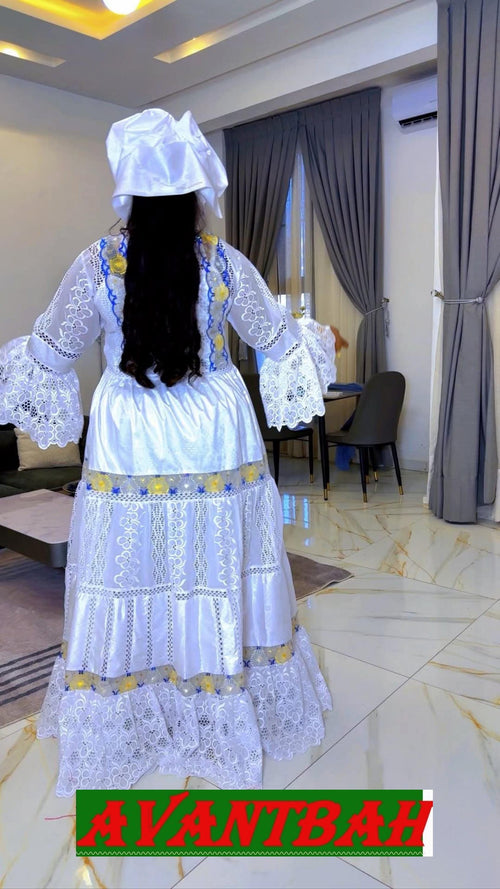 African Bazin Riche Lace Abaya Dress | Elegant Embroidered Grand Bubu with White & Blue Head Scarf