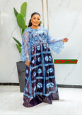 African Bazin Riche Lace Abaya Dress | Embroidered Grand Bubu, Blue Head Scarf