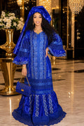Robe Abaya Mélangée en Dentelle Bazin Riche Africain | Grand Bubu Brodé Élégant, Foulard Bleu