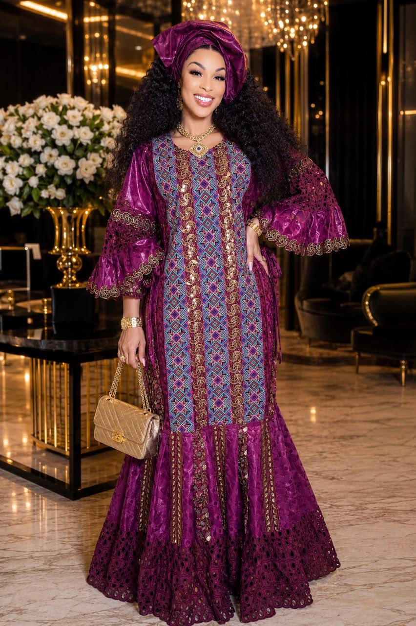 African Bazin Riche Lace Mix Abaya Dress | Elegant Embroidered Grand Bubu, Purple Head Scarf