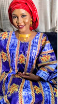 Women's African Bazin Riche Boubou – Gold Line Embroidery & Print Dashiki Traditional Wedding Dress | 100% Cotton | One Size | 6 Designs